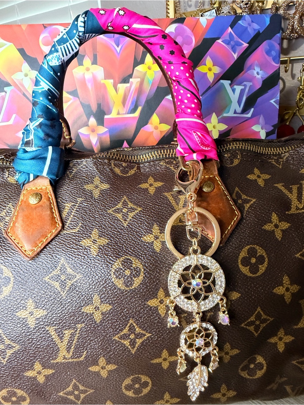 Luxury Monogram Canvas Satchel in Brown with Pink & Blue Handle Wraps